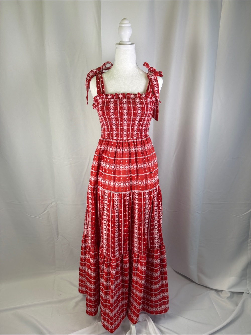 Red Printed Tie-Strap Smocked Maxi Dress